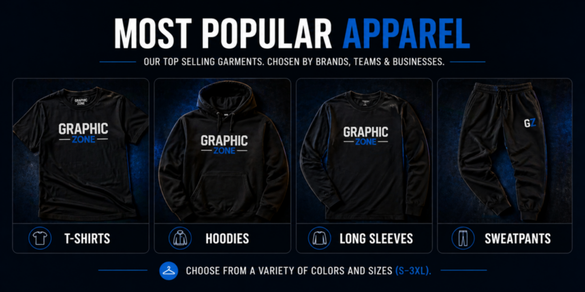 “Custom apparel including printed t-shirts, embroidered hoodies, sweatpants, and screen printing process”