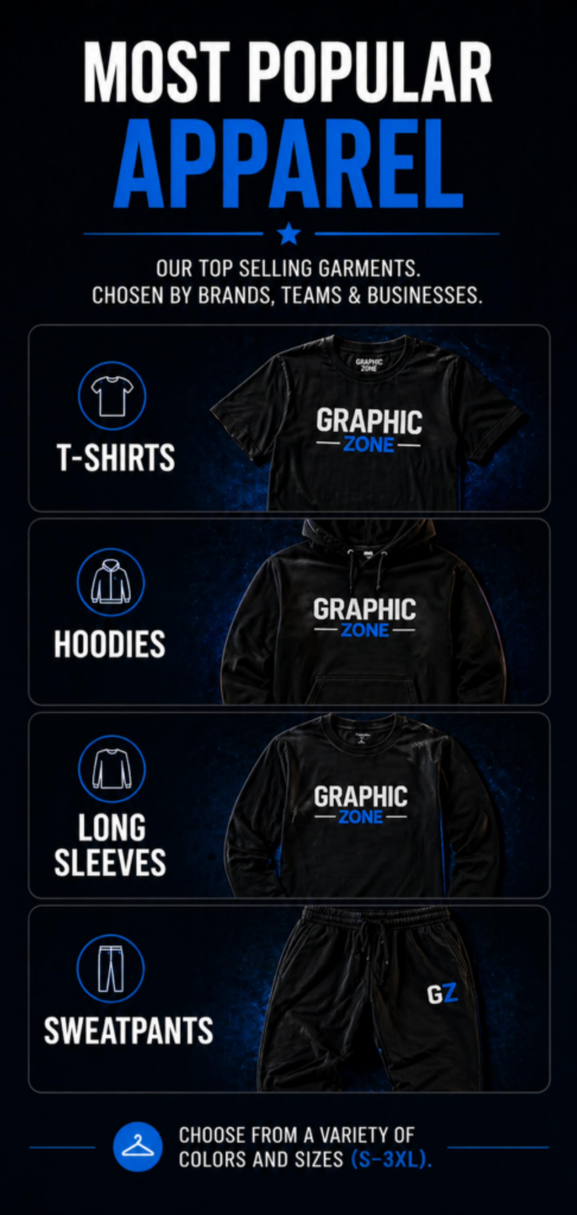 “Custom apparel including printed t-shirts, embroidered hoodies, sweatpants, and screen printing process”